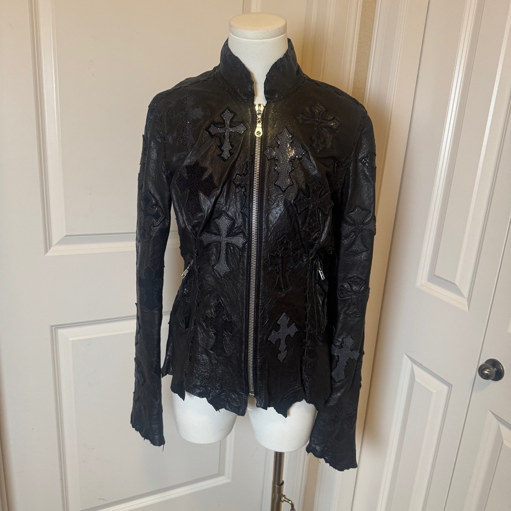 Eleven 11 Rare Black Leather Jacket Gothic Cross Zip Chrome Hearts Style Woman M